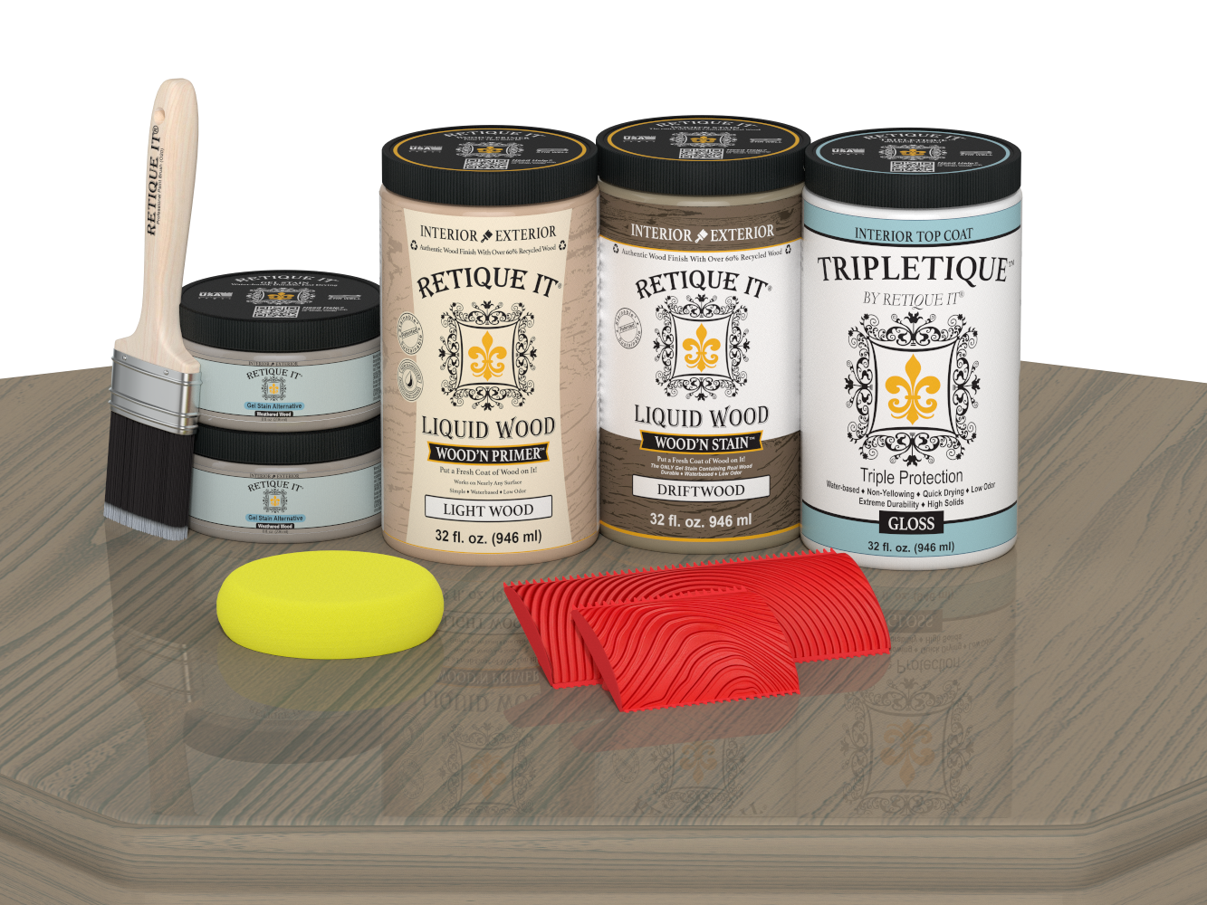 Glossy drift wood finish countertop kit from Retique It® for full kitchen renovation, shown on a wooden countertop.