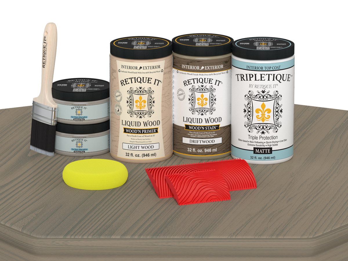 Retique It® Drift Wood countertop kit with matte stain applied to a full kitchen countertop, showcasing natural wood grain finish.