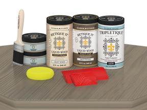Retique It® Drift Wood countertop kit for full kitchen, satin stain finish on wooden surface showing natural wood grain.