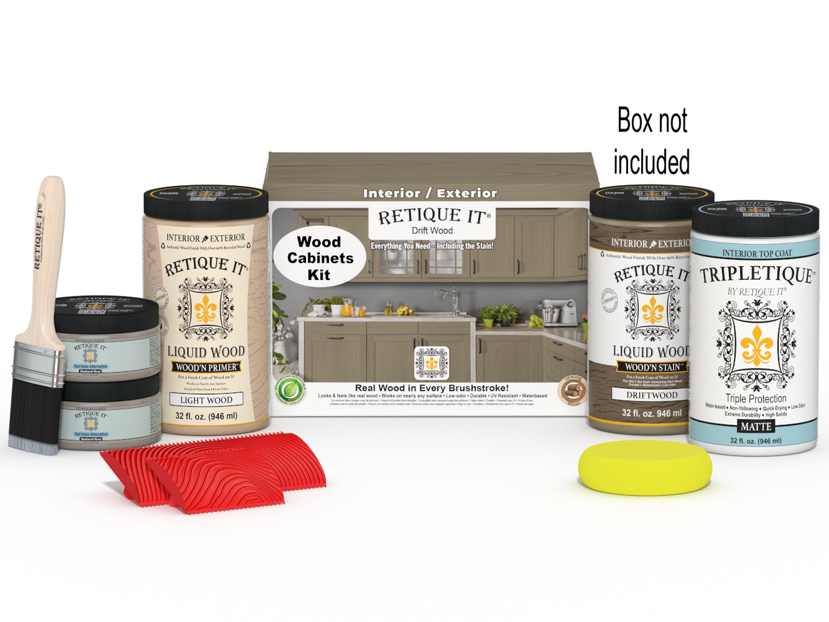 Large Wood'n Kit by Retique It® for interior wood projects, featuring drift wood finish and top coat, with tools and supplies in box.
