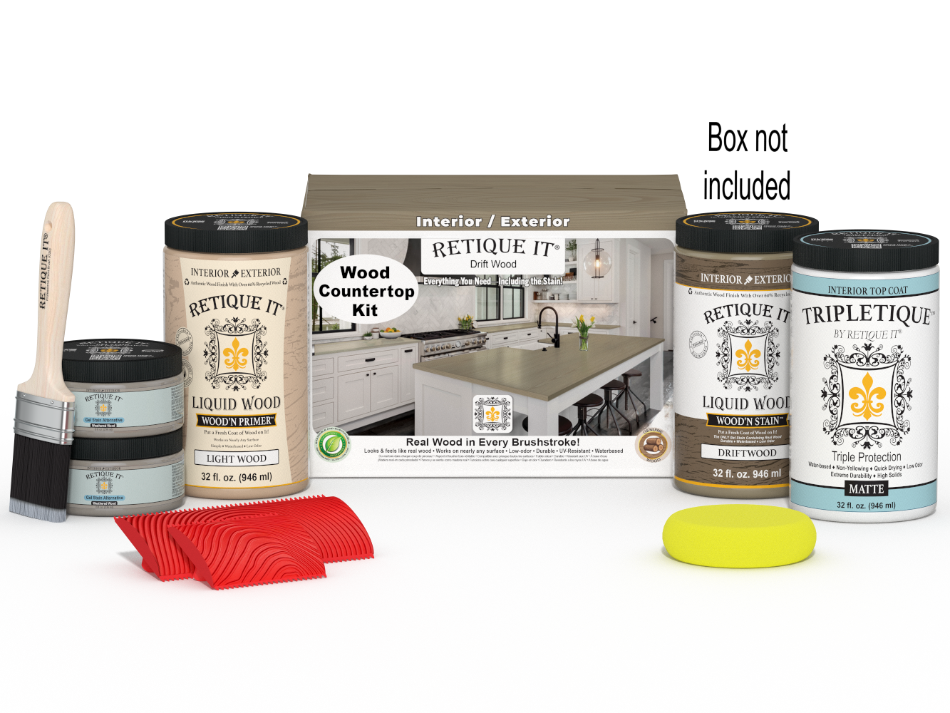Retique It® Drift Wood countertop kit with stain, showing a finished wooden kitchen surface on a countertop.