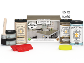 Retique It® Drift Wood countertop kit with stain, showing a finished wooden kitchen surface on a countertop.