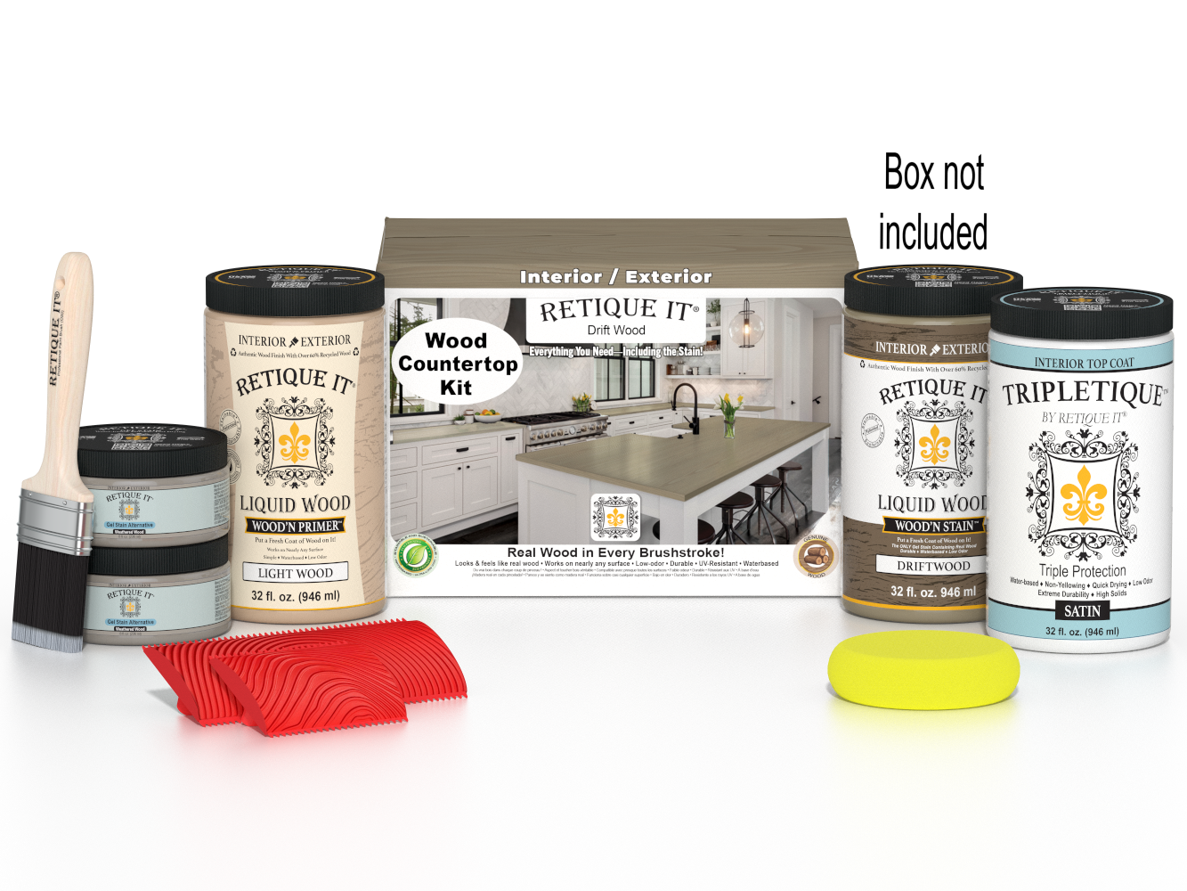 Retique It® Drift Wood countertop kit featuring natural wood stains and finishing supplies for full kitchen installation.