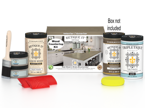 Retique It® Drift Wood countertop kit featuring natural wood stains and finishing supplies for full kitchen installation.