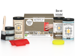 Large Wood'n Kit by Retique It® with driftwood finish and interior top coat, shown with kit components and wooden sample.