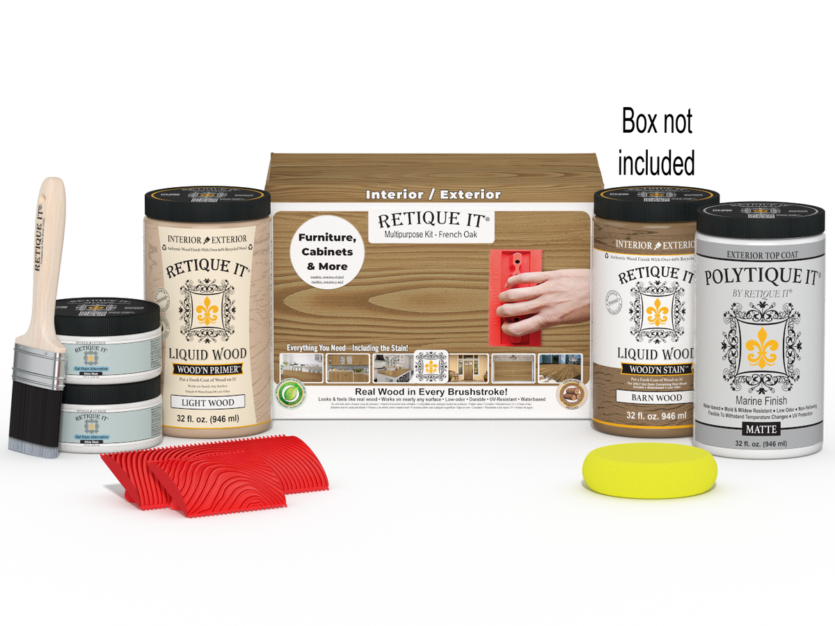 Large French Oak Wood'n Finish Kit by Retique It® for exterior top coat, includes wood finishing tools and supplies.