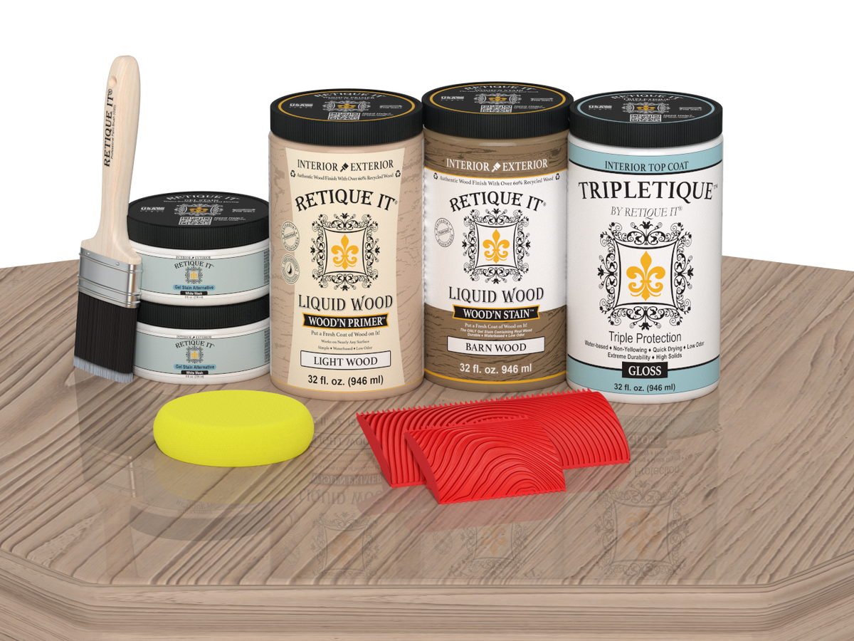 Retique It® French Oak countertop kit stain applied on full kitchen countertop, glossy finish on natural oak surface.