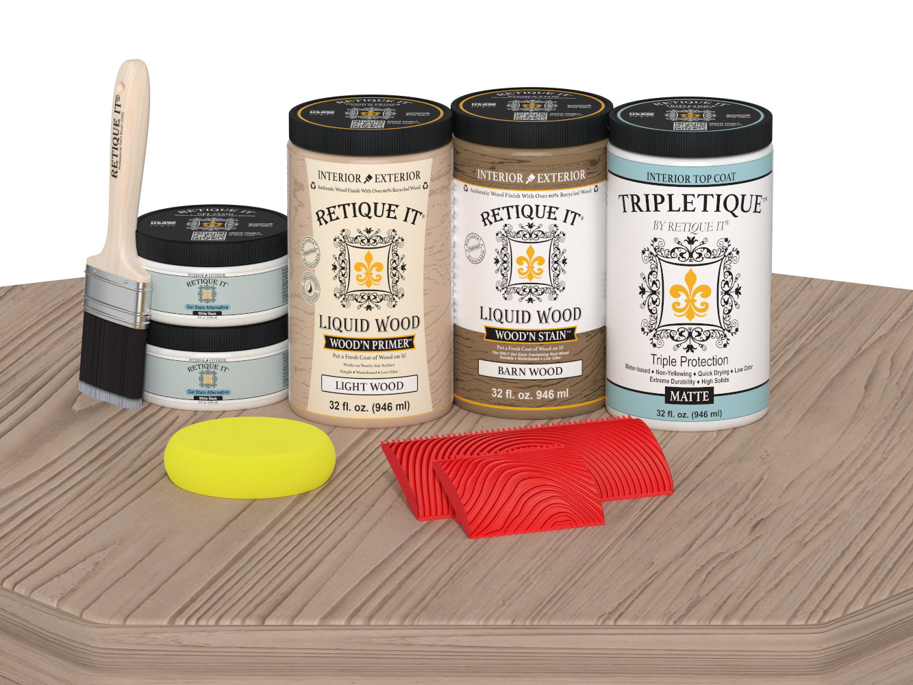 Retique It® French Oak countertop kit with matte stain applied on a kitchen table, showcasing natural wood grain and finish.