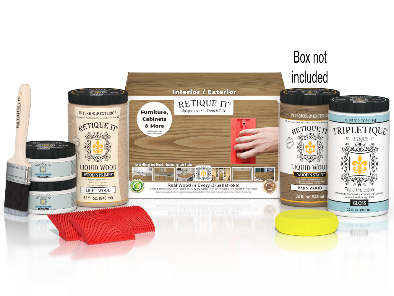 Large French Oak Wood'n Finish Kit by Retique It® for interior top coat application, includes wood finish products and tools.