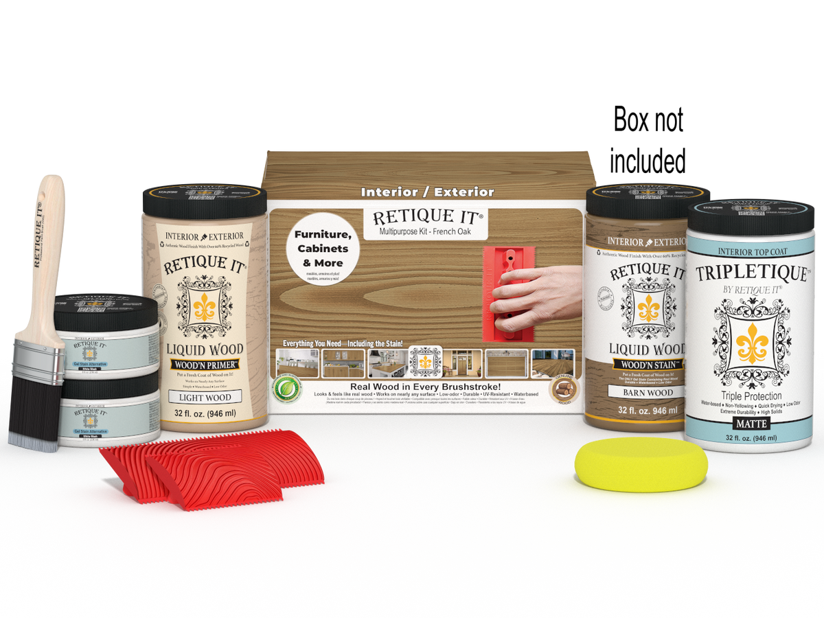 Large French Oak Wood'n Kit interior top coat by Retique It® with wood finish and application tools in the box.
