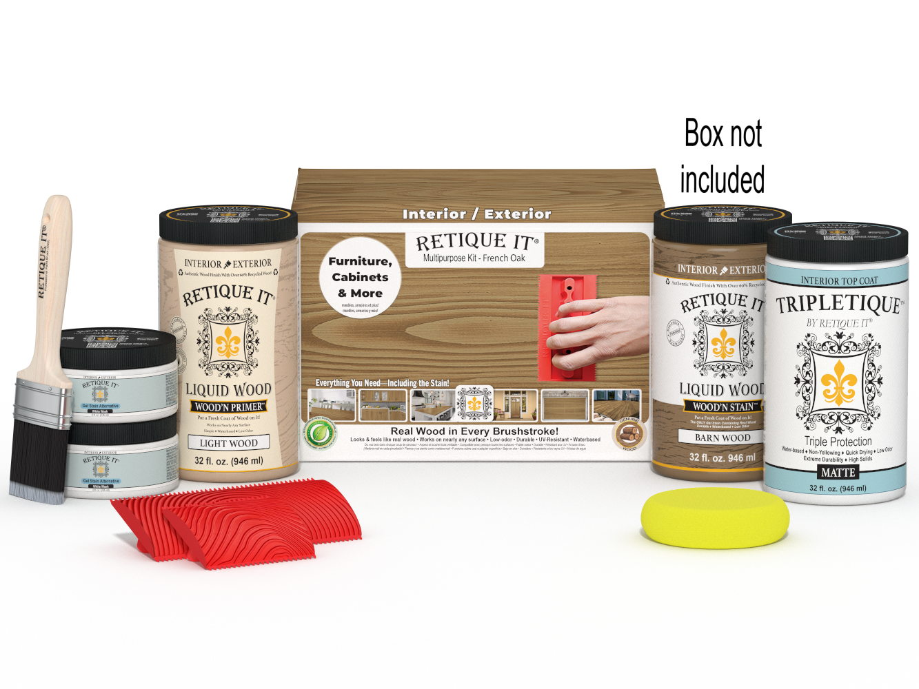 Large French Oak Wood'n Kit interior top coat by Retique It® with wood finish and application tools in the box.