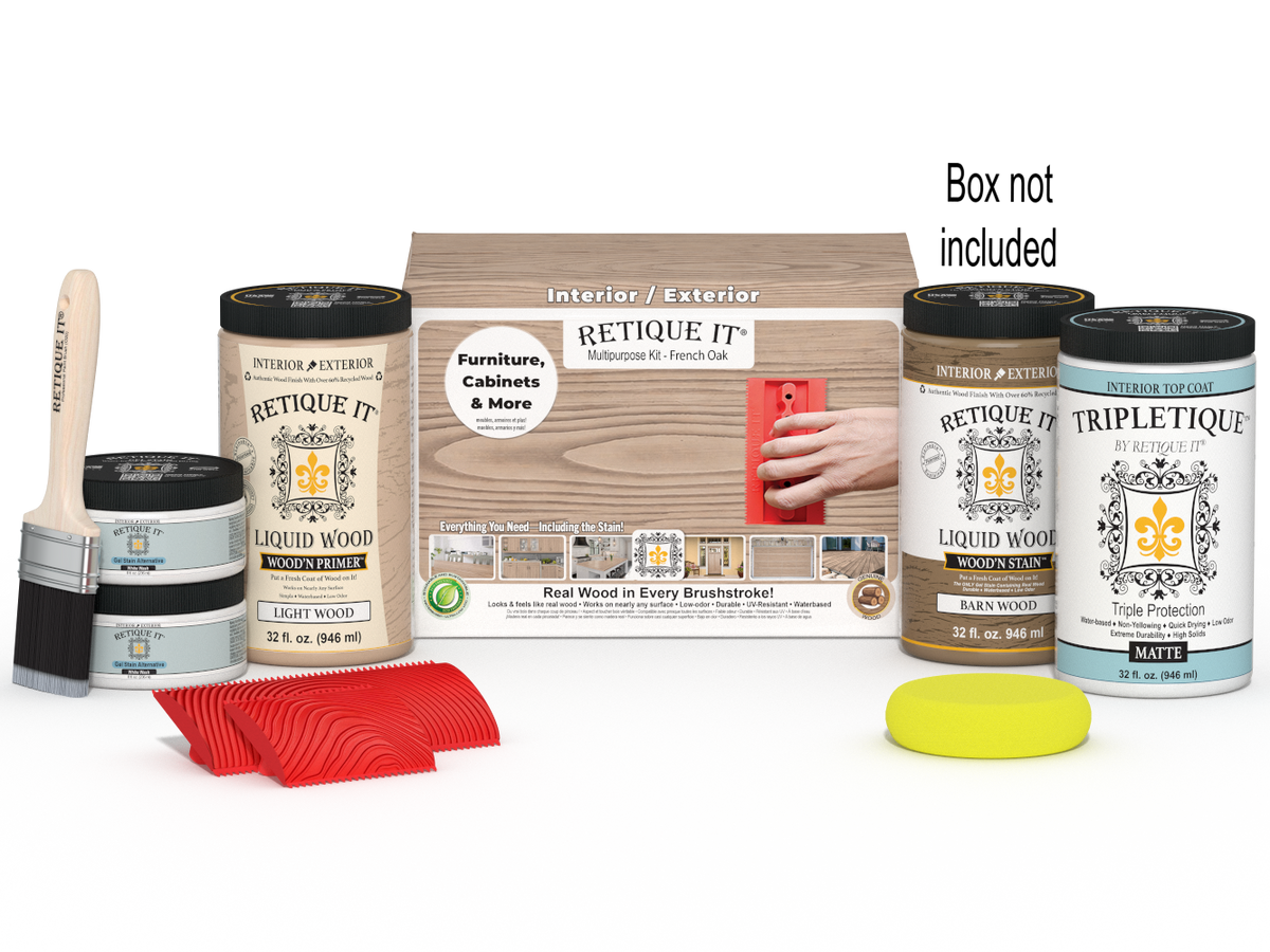 Retique It® French Oak countertop stain kit for full kitchen renovation, featuring stain bottles and application tools.