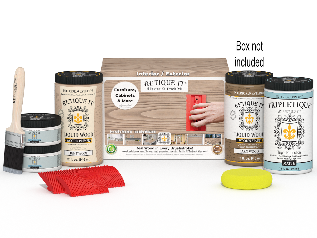 Retique It® French Oak countertop stain kit for full kitchen renovation, featuring stain bottles and application tools.