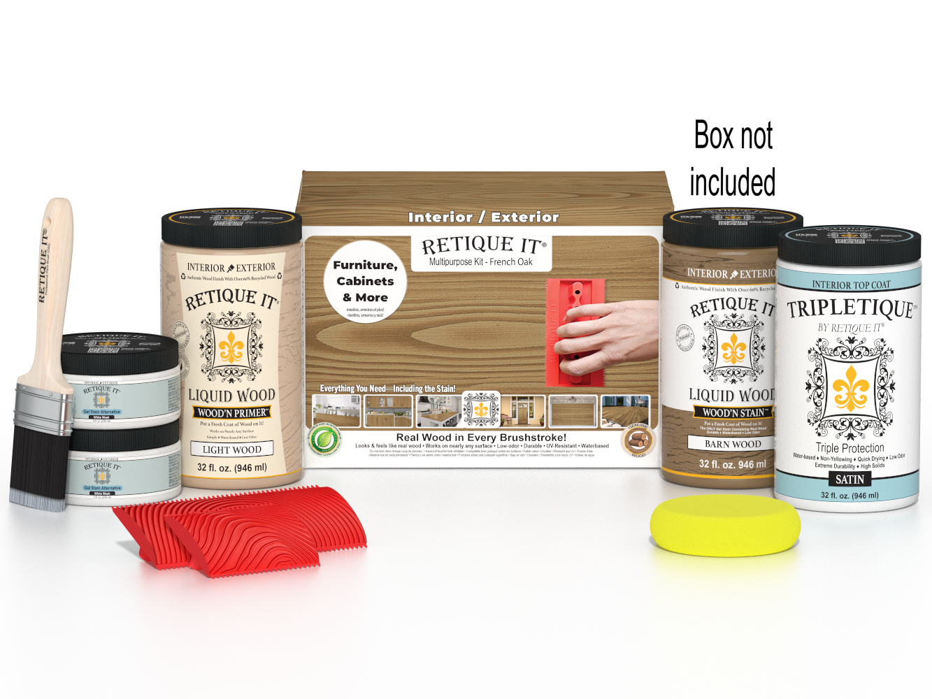 Large French Oak Wood'n Finish Kit by Retique It® for interior top coat, includes wood stain and finishing supplies.