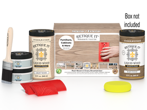 Large Wood'n Kit French oak by Retique It® with wood finish bottles and applicator tools in a box, designed for furniture refinishing.