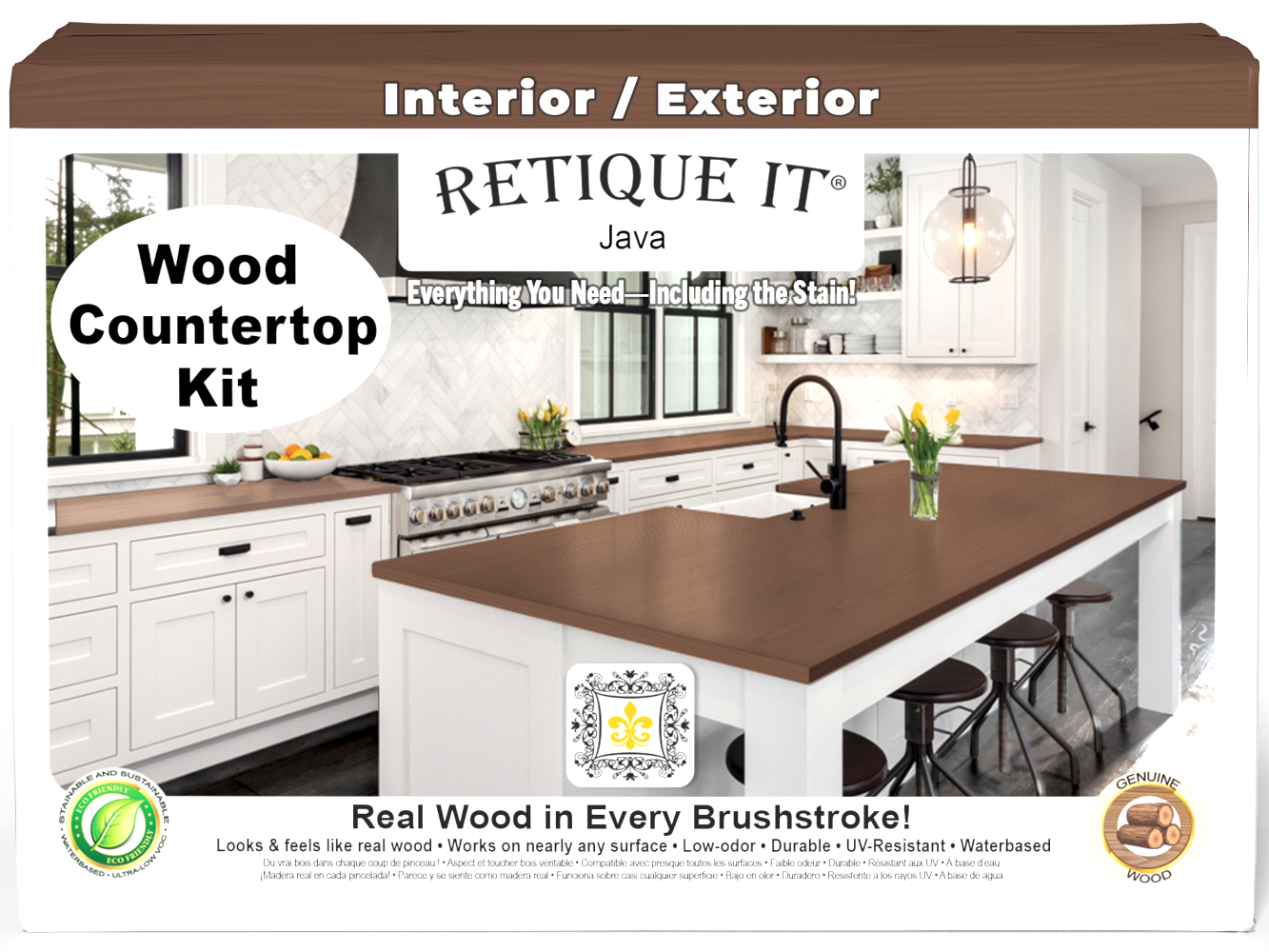 Retique It® Java countertop kit stain demonstrating a natural wood finish on a kitchen countertop.