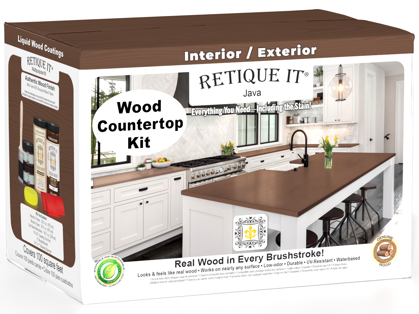 Retique It® Java countertop kit featuring stain samples on a full kitchen countertop for a natural wood finish.