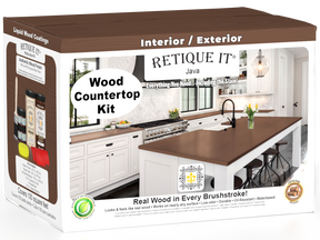 Retique It® Java countertop kit featuring stain samples on a full kitchen countertop for a natural wood finish.