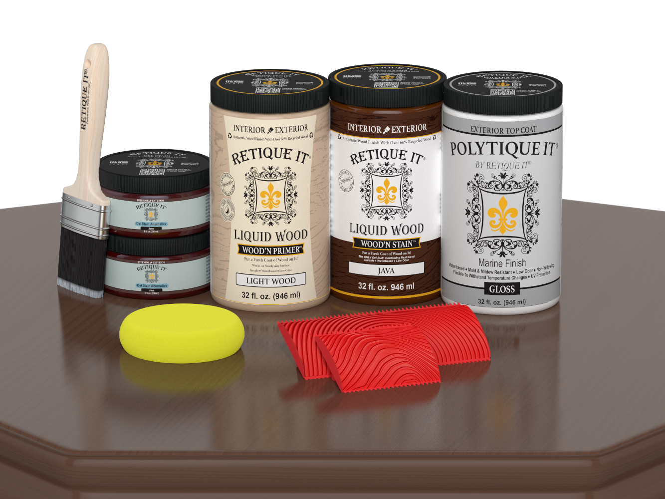 Large Java Wood'n Finish Kit by Retique It® for exterior wood projects, featuring gloss top coat and comprehensive application tools.