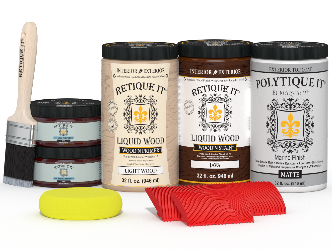 Large Java Wood'n Finish Kit by Retique It® with exterior top coat, includes matte wood finishing products and tools.
