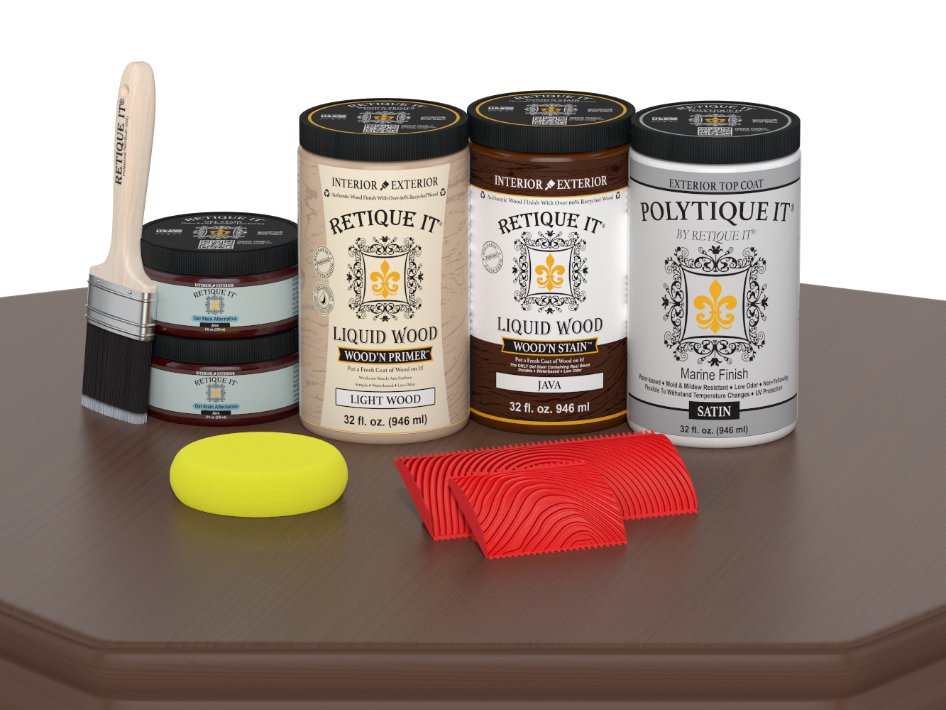 Large Java Wood'n Finish Kit by Retique It® for exterior top coating, showing satin finish on wood surface.