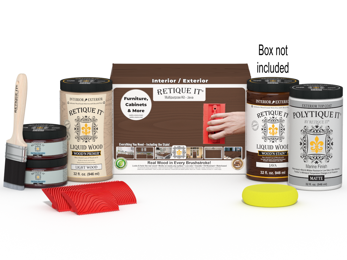 Large Java Wood'n Finish Kit by Retique It® with exterior top coat and tools in a box, designed for multi-purpose wood finishing projects.