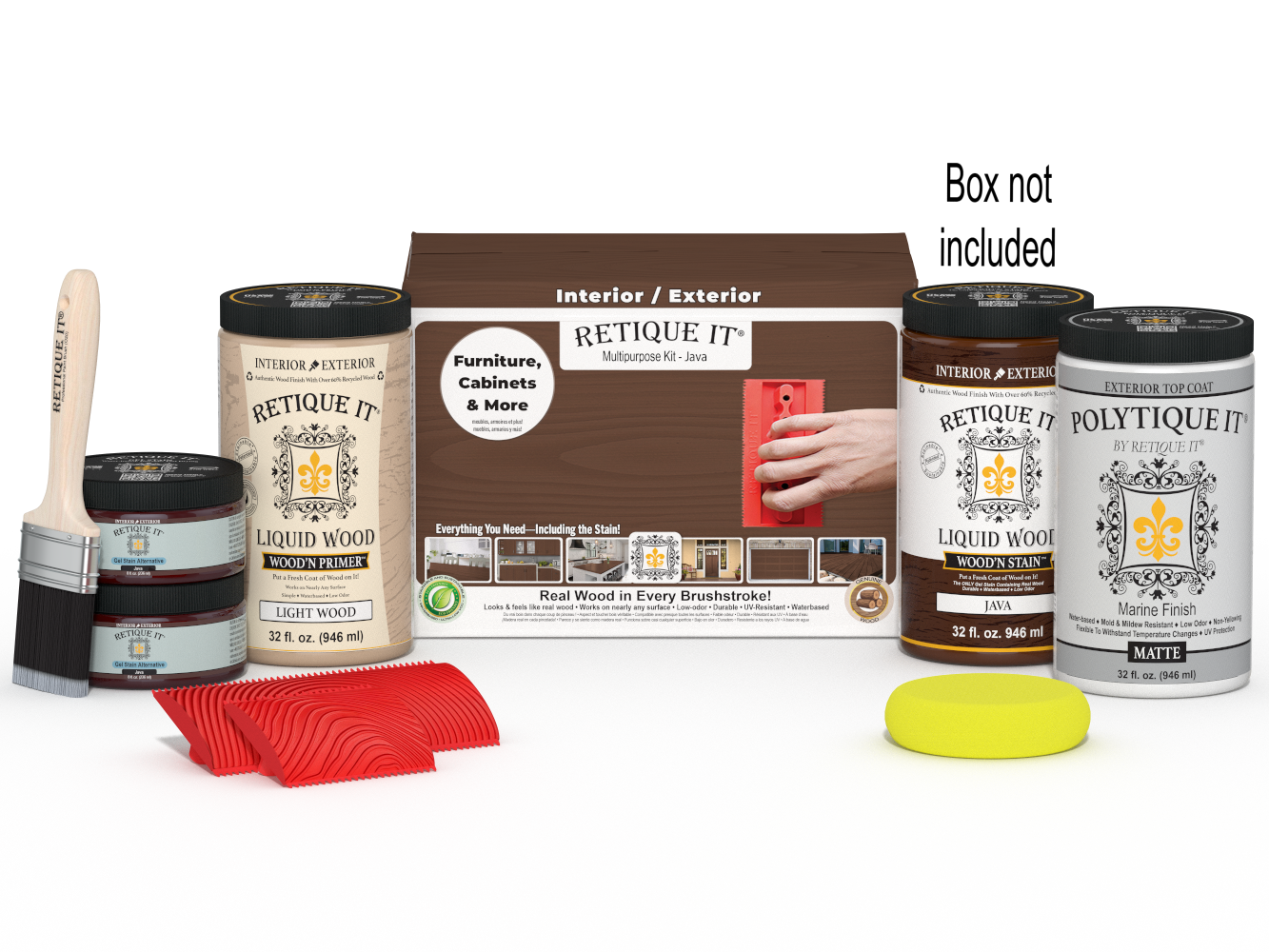 Large Java Wood'n Kit by Retique It® for exterior top coat, includes wood finish supplies and applicator tools.