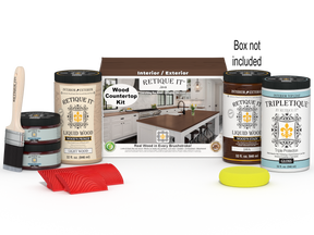 Retique It® Java countertop kit showing stained wood surface with applicator tools for full kitchen countertop renovation.