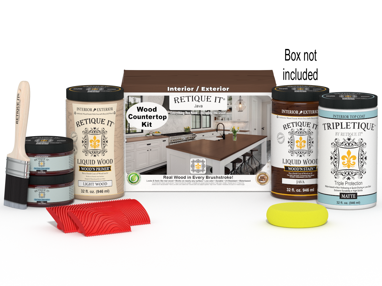 Retique It® Java countertop kit with stains, featuring full kitchen setup and included box, designed for countertop refinishing.