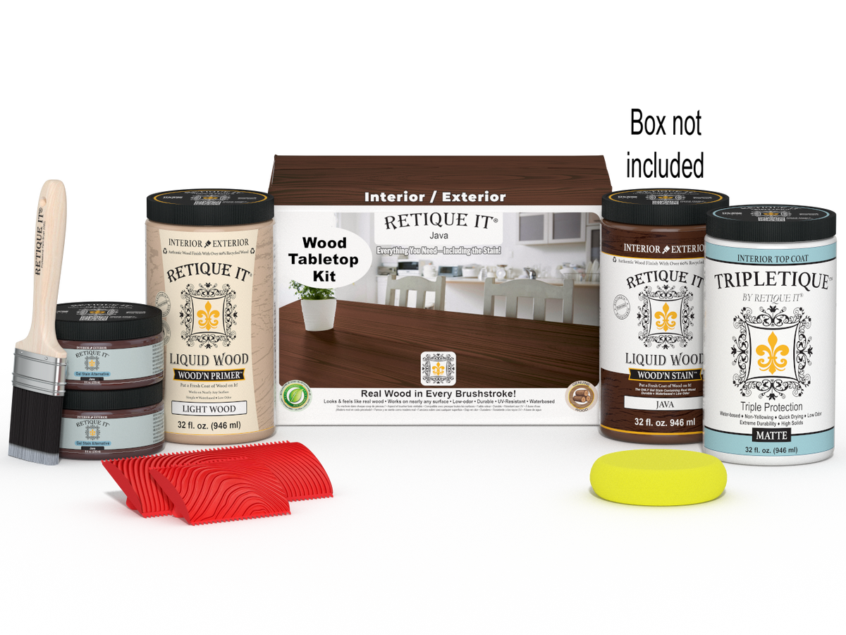 Retique It® Wood'n Finish Kit Java stains for tabletops, includes four large jars with wood finishing products and applicator tools.