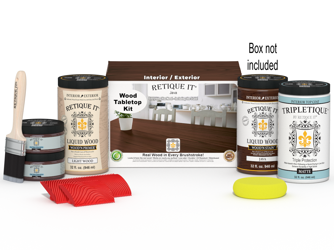 Retique It® Wood'n Finish Kit Java stains for tabletops, includes four large jars with wood finishing products and applicator tools.