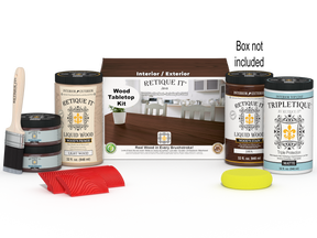Retique It® Wood'n Finish Kit Java stains for tabletops, includes four large jars with wood finishing products and applicator tools.