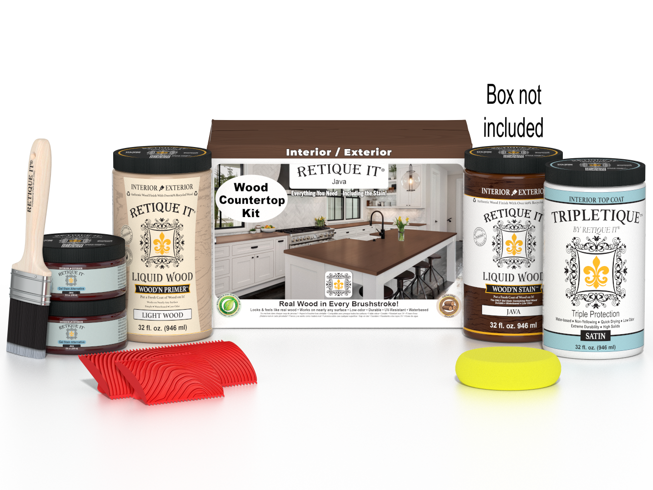 Retique It® Java countertop kit for full kitchen staining, featuring a natural wood finish and stain application tools.
