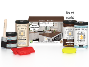 Retique It® Java countertop kit for full kitchen staining, featuring a natural wood finish and stain application tools.