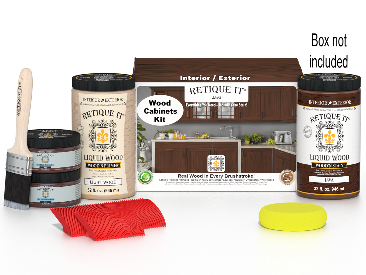 Retique It® Wood'n Cabinet Kit in Java stain with 12 grained cabinet doors, shown with box packaging for wood cabinet renovation.