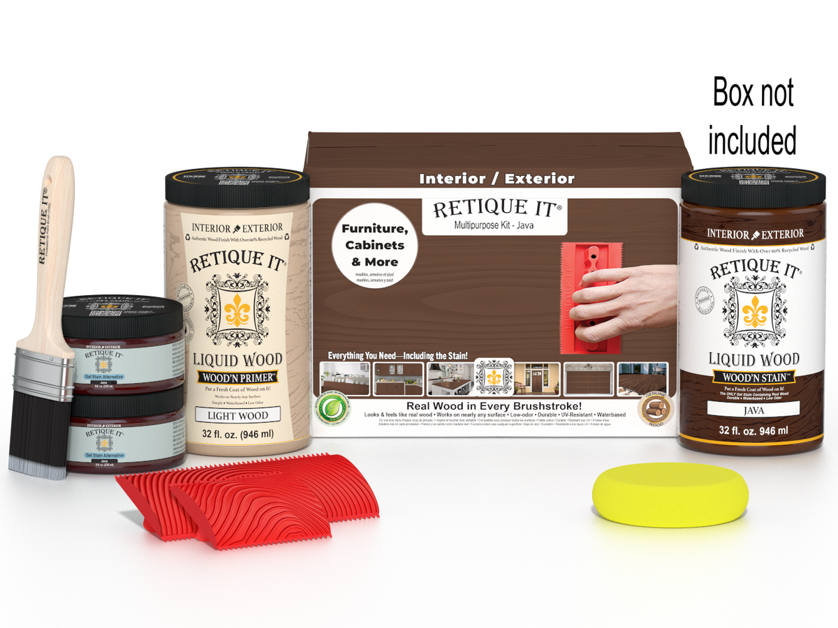 Large Java Wood'n Finish Kit by Retique It® featuring multiple wood finishing tools and products in a box.