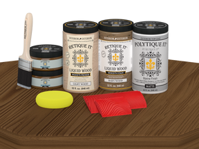 Large Modern Walnut Wood'n Finish Kit by Retique It® with matte exterior topcoat, displayed on a table for multi-purpose wood finishing.