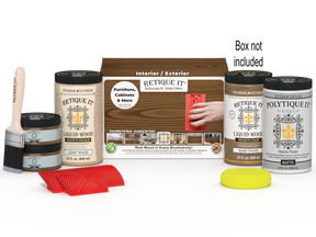 Large Modern Walnut Wood'n Finish Kit by Retique It® with exterior topcoat and wood finish products in a box.