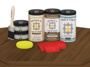 Large Modern Walnut Wood'n Finish Kit by Retique It® with matte topcoat, displayed on a table for multi-purpose wood finishing.