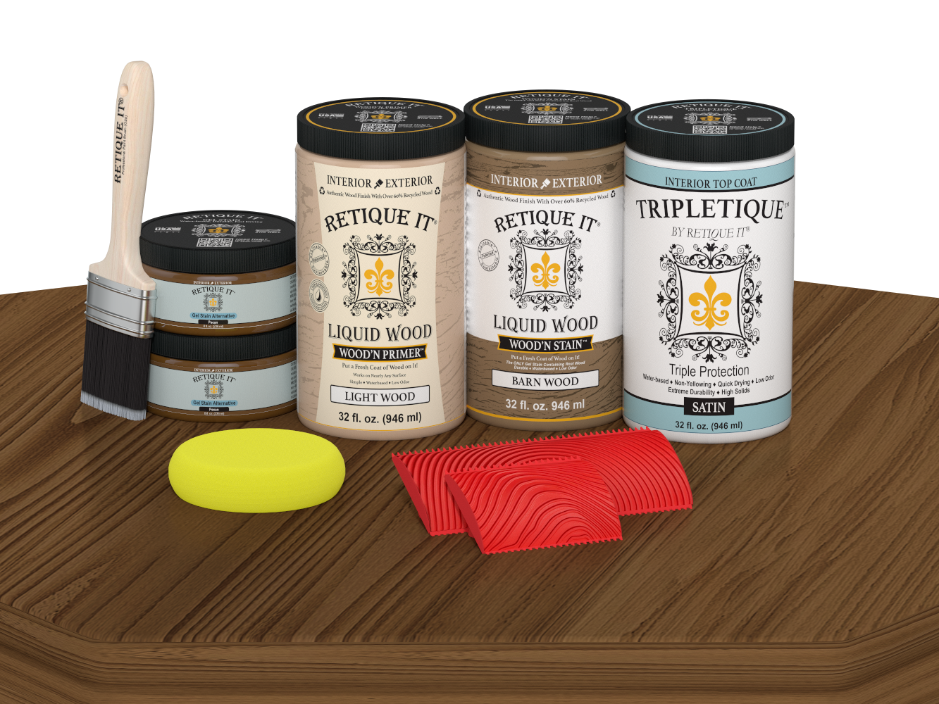 Large Modern Walnut Wood'n Finish Kit by Retique It® with satin interior topcoat, showing wood finish application on a surface.