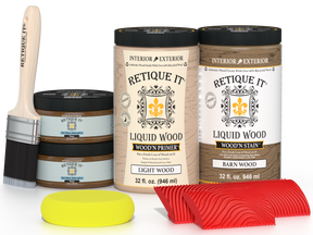 Retique It® Modern Walnut Wood Kit with primer, stains, brush, yellow sponge, and red graining tools.