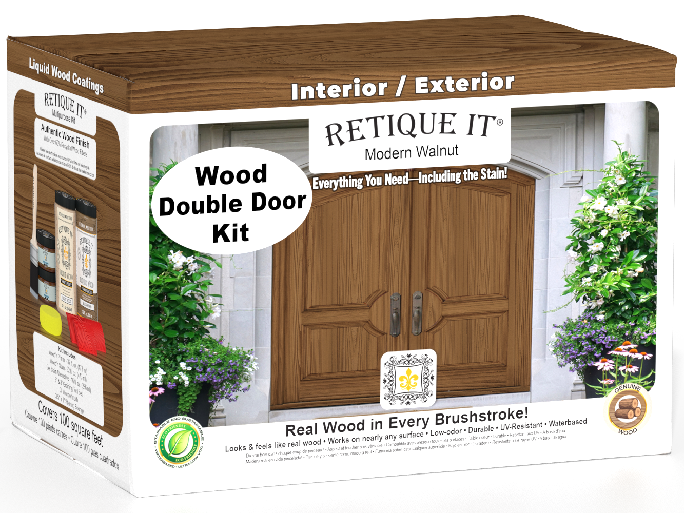 Retique It® Modern Walnut Wood Double Door Kit packaging featuring a rich wood-look double entry door.