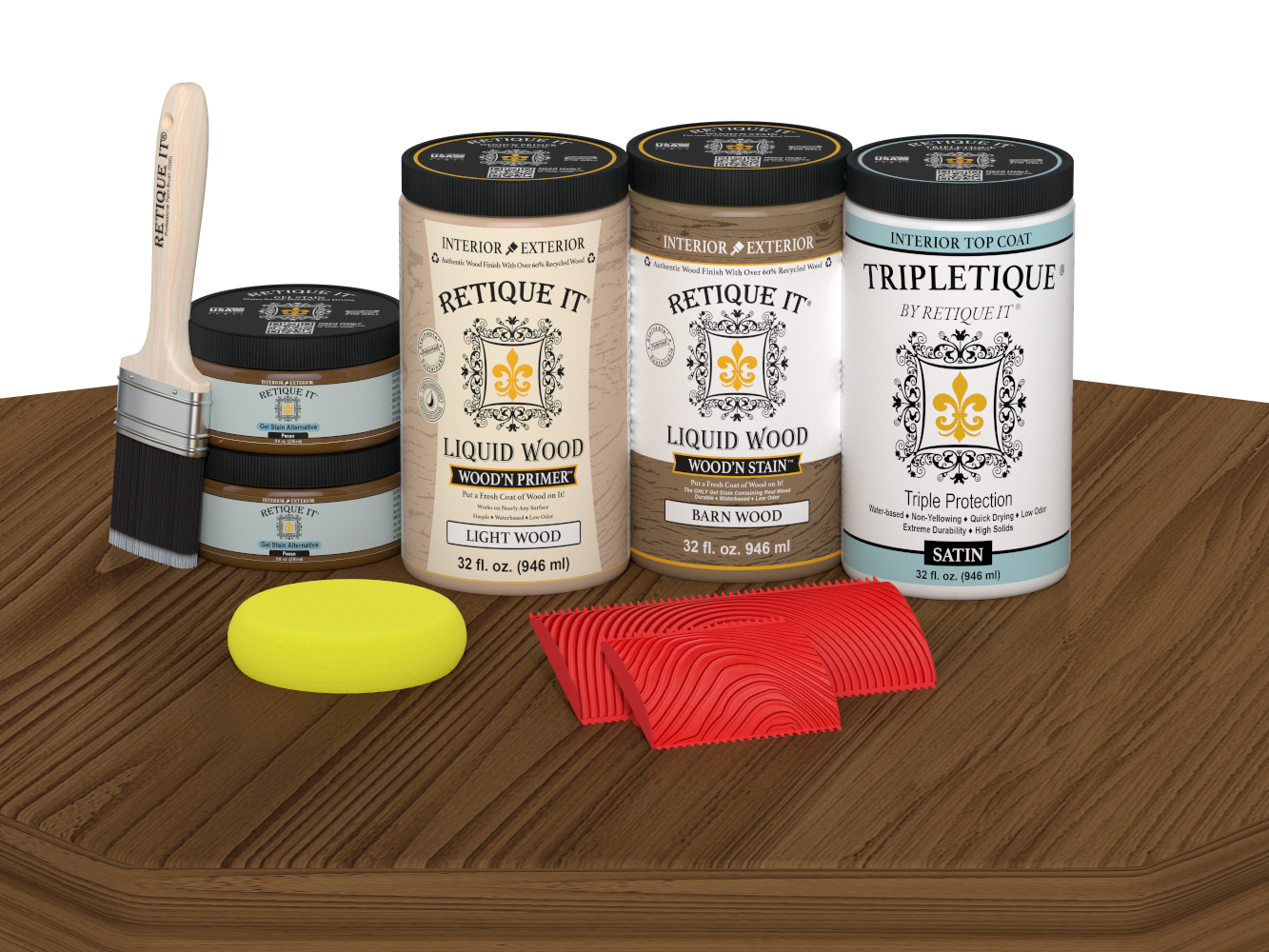Retique It® Modern Walnut Wood Kit with primer, stains, satin topcoat, brush, roller, yellow sponge, and red graining tools.