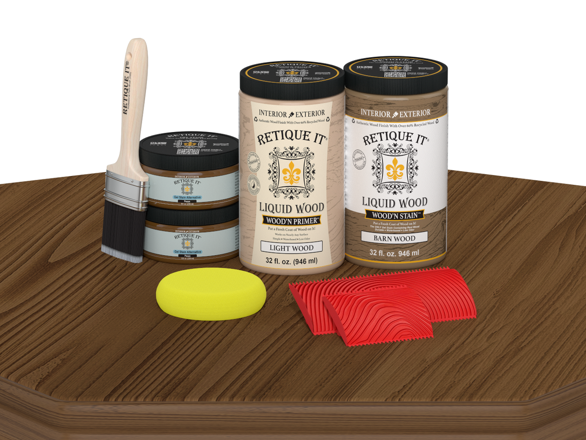 Retique It® Modern Walnut Wood Kit with primer, stains, brush, yellow sponge, and red graining tools.