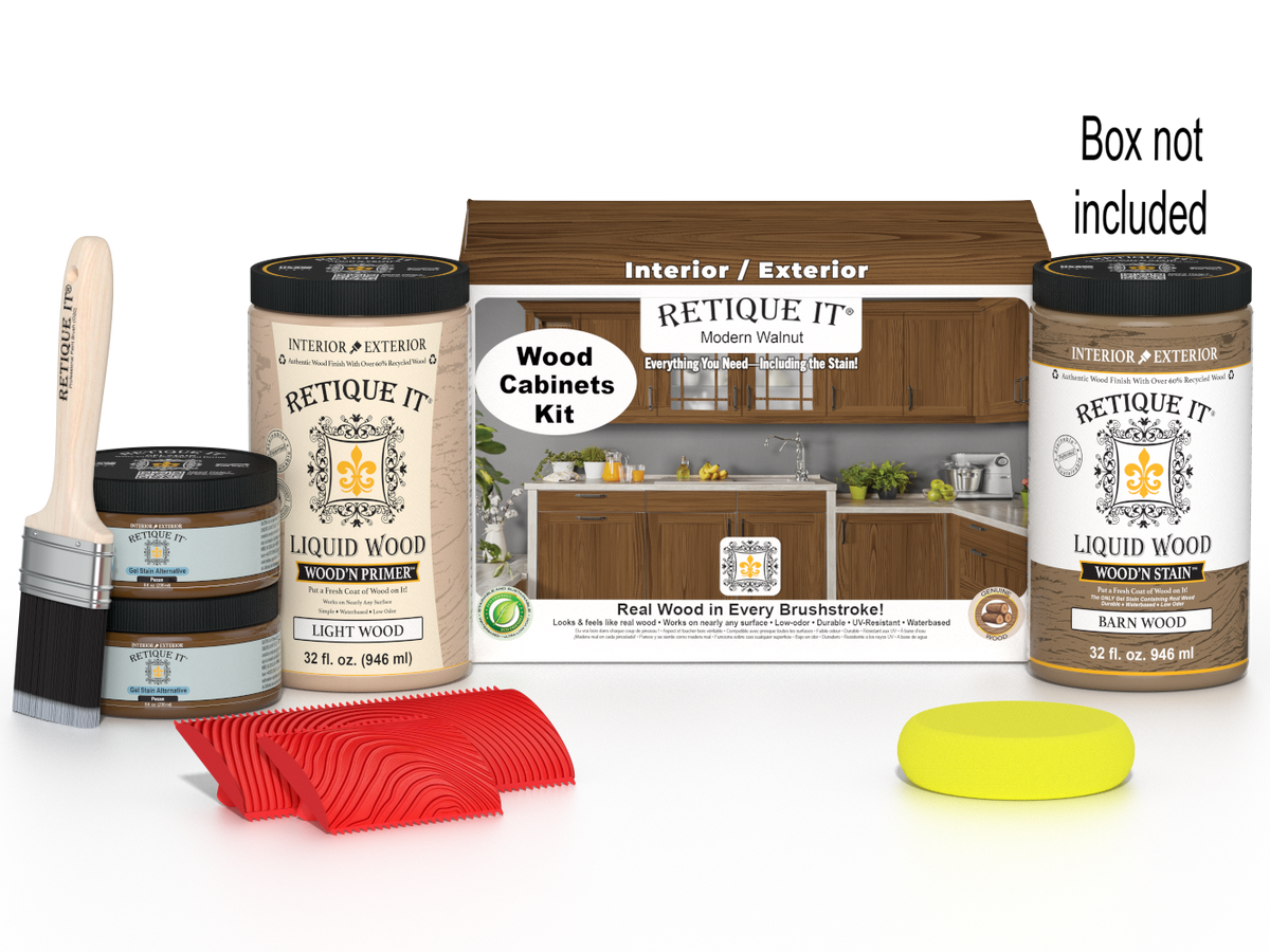 Retique It® Modern Walnut Wood Cabinets Kit with primer, stain, brush, roller, yellow sponge, red graining tools, and packaging.