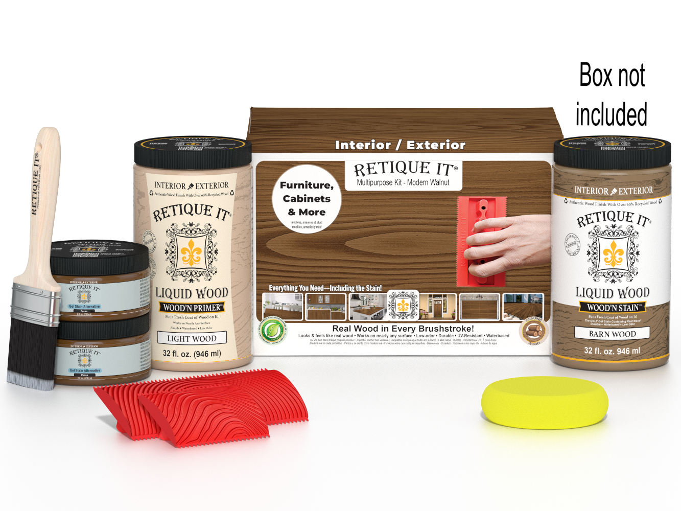 Large Modern Walnut Wood'n Finish Kit by Retique It® featuring wood finishing supplies in a box.