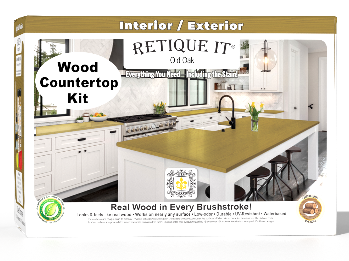 Retique It® Old Oak countertop kit with wood stain, featuring a full kitchen design and realistic wood grain finish.