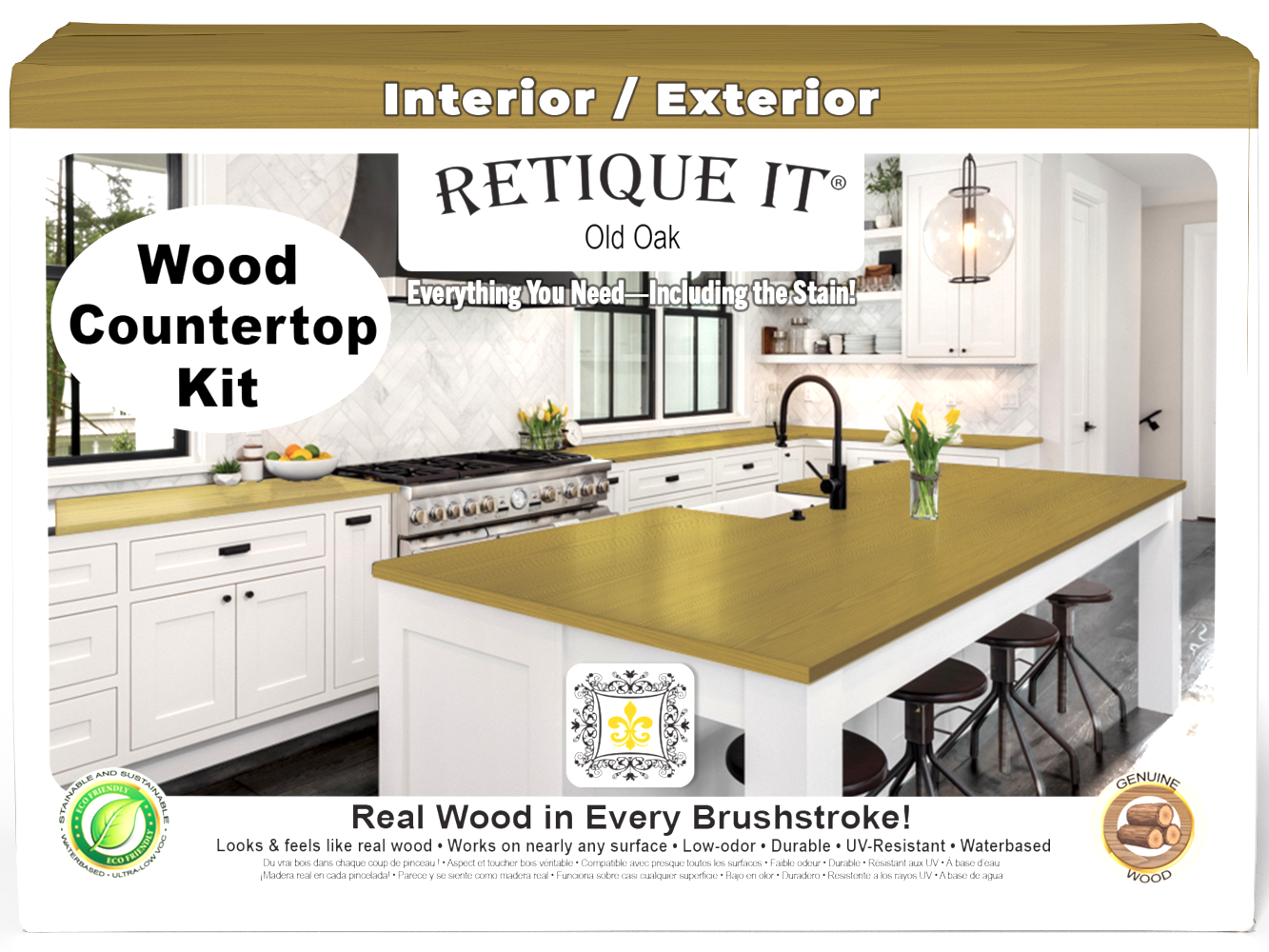 Retique It® countertop kit in Old Oak stain showing a full kitchen countertop with a natural wood finish and detailed wood grain.