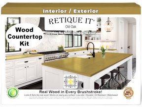 Retique It® countertop kit in Old Oak stain showing a full kitchen countertop with a natural wood finish and detailed wood grain.