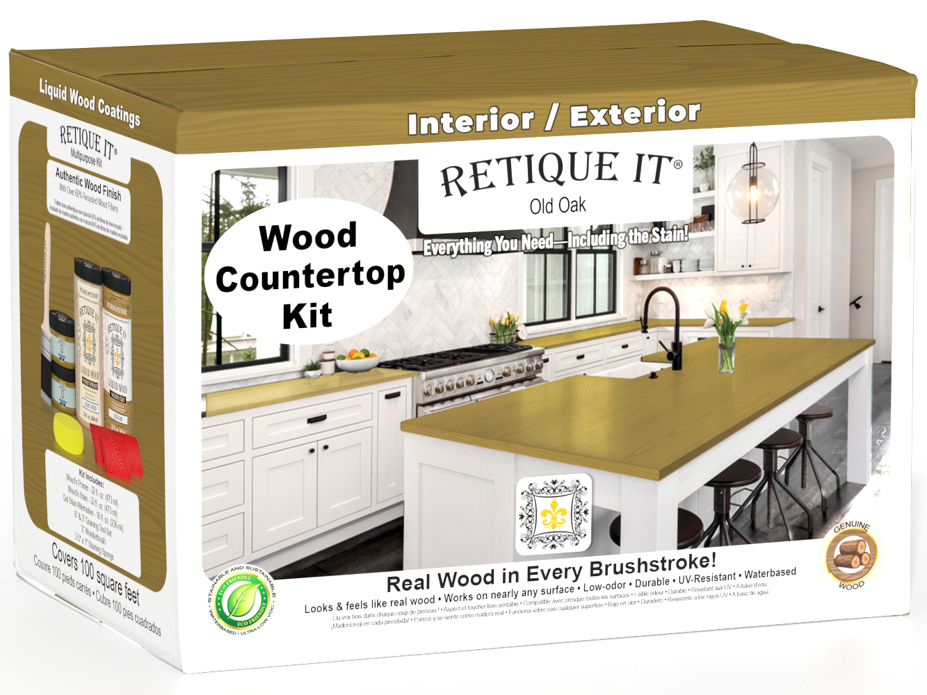 Retique It® Old Oak countertop kit with stains, showcasing a full kitchen countertop with natural wood grain and aged oak finish.
